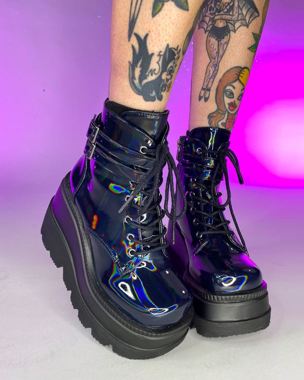 Demonia Holographic Black Stacked Platform Ankle Boots For Discount