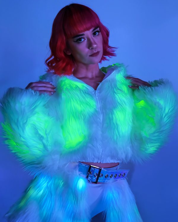 Green LED White Furry Cropped Hooded Jacket Discount - Image 3