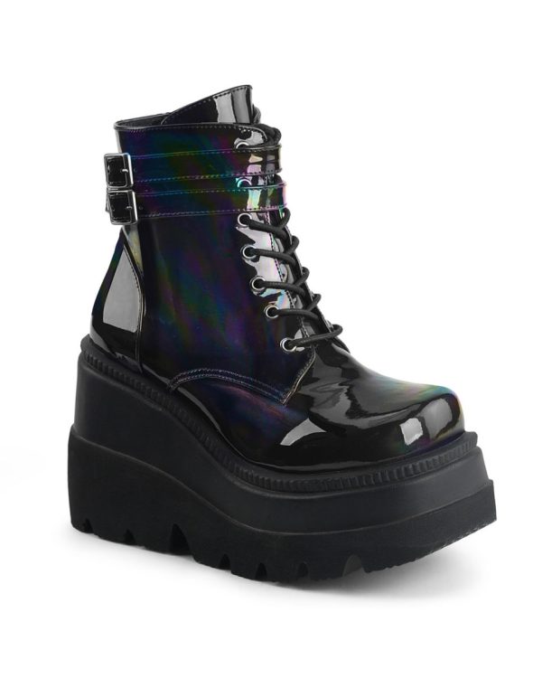 Demonia Holographic Black Stacked Platform Ankle Boots For Discount - Image 2