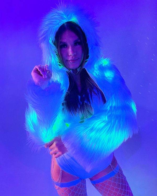 Green LED White Furry Cropped Hooded Jacket Discount - Image 5