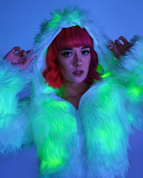 Green LED White Furry Cropped Hooded Jacket Discount - Image 4